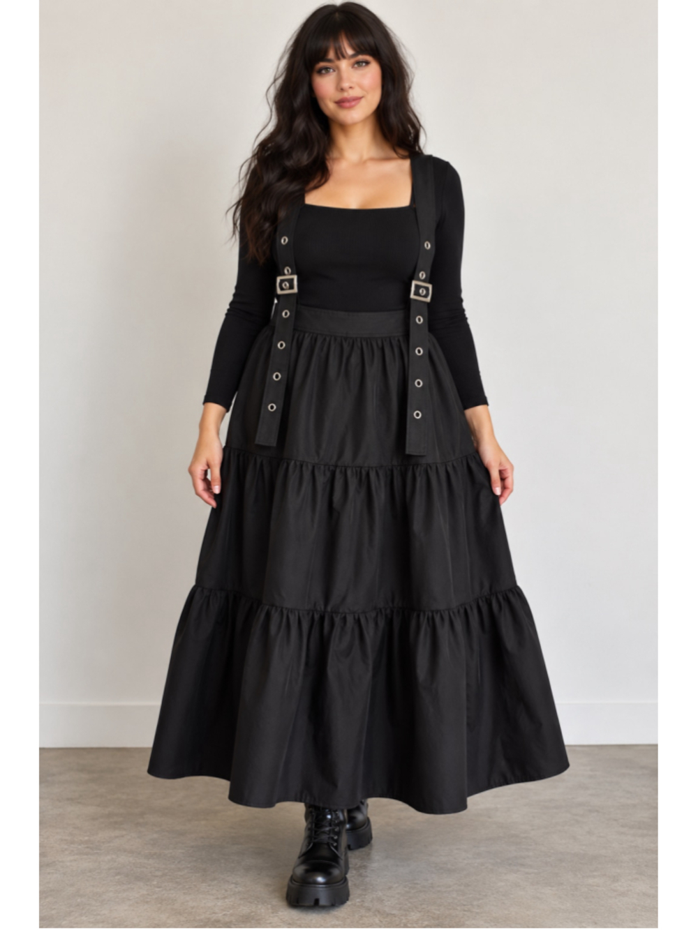 Cosmic Aura Black Tiered Suspender Maxi Skirt Size 2 Goth Punk Grommet Buckle